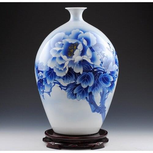 Ancient Style Blue and White Porcelain Traditional Chinese Elegant Tabletop Vase with Hand Painted Peony Painting ZDV-M004M
