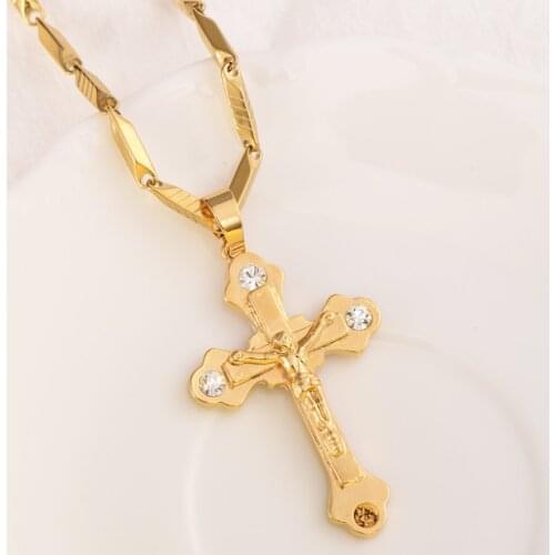 THAI BAHT G/F Gold Cross Pendant CZ 9 k Solid Fine Yellow Charms Lines Necklace Christian Jewelry Factory God