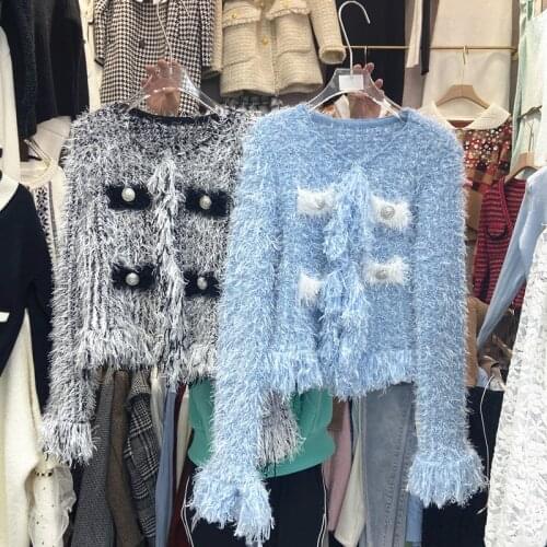 Tassel Knitted Cardigan Coat for Women Slim Fit Short Sweater Top Trendy 2021 Spring Lady Casual Outwears