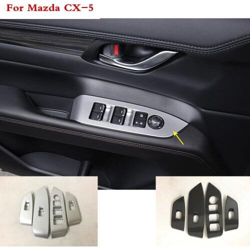 Carbon fiber/ABS chrome door Window glass panel Armrest Lift Switch Button trim frame 4pcs For Mazda CX-5 CX5 2nd Gen 2017 2018