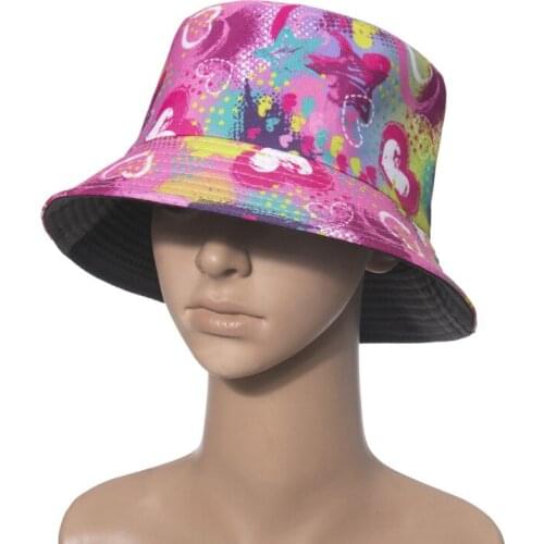 Street Hip-Hop Tie Dye Outdoor Travel Beach Fluffy Cap Graffiti Leaves Print Reversible Personality Fishermen Bucket Hat