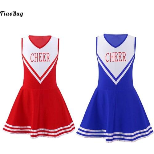 TiaoBug Kids Girls Cheerleading Uniform Dance Costumes Sleeveless V Neckline Patchwork Style Letter Print Dress