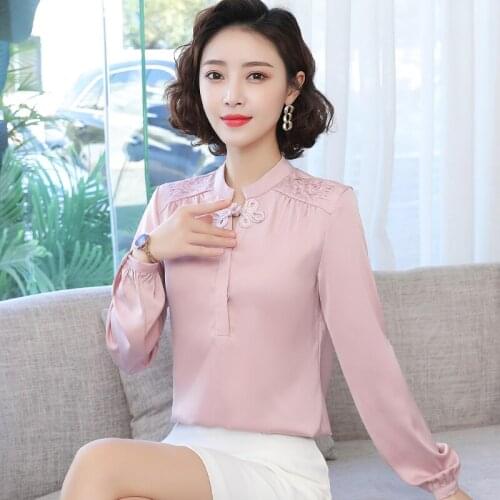 Satin Chiffon Shirt Women 2021 Spring Dress New Chinese Style Embroidered Top Fashion Shirt Long Sleeve Top