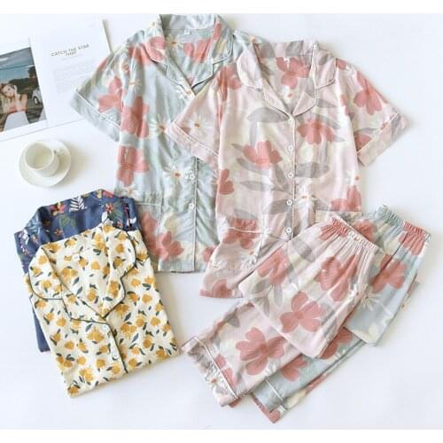 Womens Spring and Summer Short-sleeved Trousers Home Service Ladies Thin Cotton Silk Pajamas Suits Pigiami Da Donna Estivi