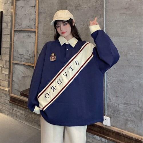 Women Hoodies College Style Polo Collar Letter Color Matching Sweatshirt Pullovers Harajuku Vintage Oversized Female Sweats Tops