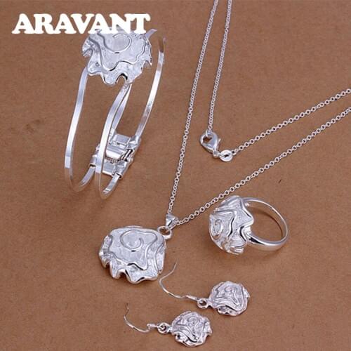 New Design Romantic Rose Flower Jewelry Set 925 Jewelry Necklace Ring Bangle Earring Women Silver Jewelry