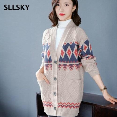 SLLSKY Fashion Plaid Knitted Women Cardigan Single Breasted V-neck Women Open Stitich Sweater 2021 new Autumn Ladies Sweater