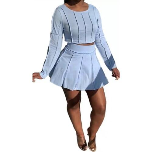 RStylish Women 2021 Sexy Solid Color Exposed Stitch Long Sleeve Crop Top A Line Mini Skirt Autumn 2 Piece Set