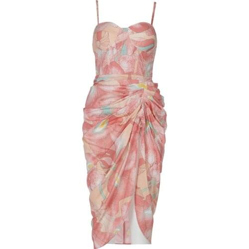 2021 Summer Fashion Spaghetti Strap Dress Women Print Sexy Sleeveless Draped Colthing Club Celebrity Evening Party Dress