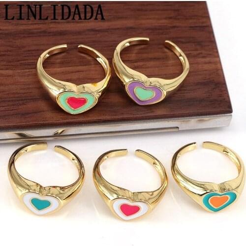 10Pcs Classic Enamel Heart Ring Punk Hip Hop Gold Plated Adjustable Heart Geometric Finger Ring For Women Party Jewelry Gifts