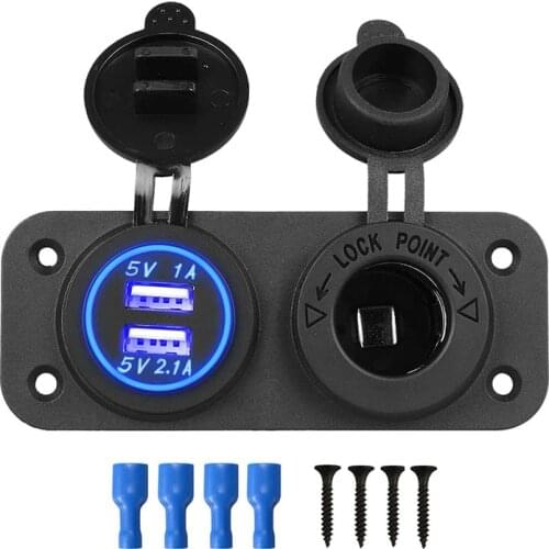 12V Dual USB Car Socket Charger Socket 2 in1 Panel Power Outlet & Cigarette Lighter Socket Splitter Adapter for Truck Car Marine
