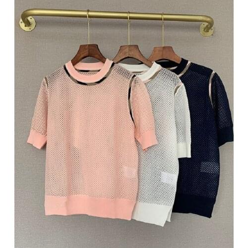 2020 Aummer Swing Openwork Sexy Micro-transparent Knitted Womens T-shirt