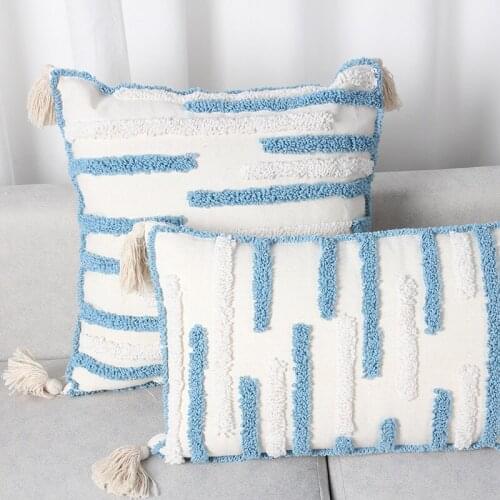 2021 Boho Home Decoration Tassel Hand made Pillow case Beige Blue Linen Tufted Cushion Cover 45x45cm/30x50cm Cotton Pillow cover