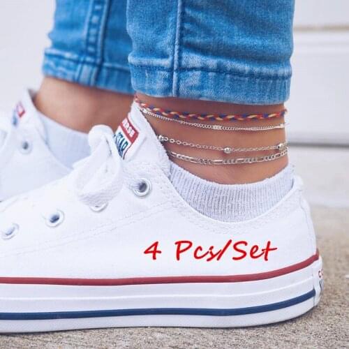 4 Pcs/Set Bohemia Weave Multi-layer Rope Chain Beads Anklet Set Fashion Ethnic Style Anklet for Women Jewelry