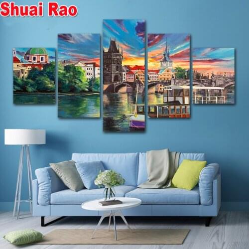 Diamond embroidery 5 Panel City Town Lake Bridge Scenery 3d painting diamond painting round/square diamond mosaic cross stitch