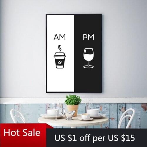 Am Coffee PM Wine Sign Print Kitchen Wall Art Poster Aesthetic Room Decor Coffee & Wine Art Canvas Painting Wall Decor Picture
