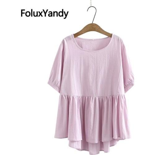 Cotton Blouse Plus Size Women Casual O-neck Loose Short Sleeve Summer Blouse 4 Colors KKFY5608