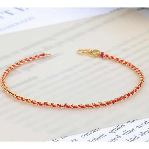 Solid 18K Yellow Gold Bracelet AU750 Gold Red String Link Bracelet Bring Lucky