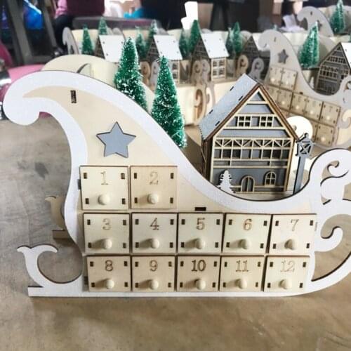 Tree House Sleigh Wooden Advent Calendar Countdown Christmas Party Decor 24 Drawers with LED Light Ornament Christmas Supplies