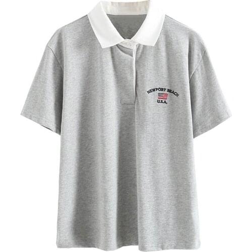 Oversize Women Soft Cotton Turn-down Collar T-shirt 2021 Summer Fashion Ladies Vintage Casual T-shirt Female Embroidery T-shirt