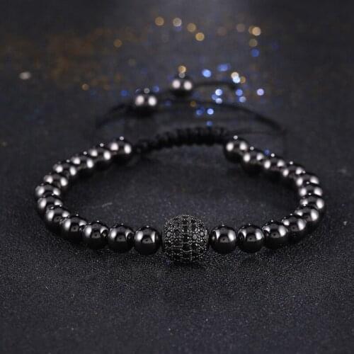 KANGKANG Fashion Men Black Bracelet,Pave Setting Black CZ Round Bead Braiding Men Macrame charming Bracelet