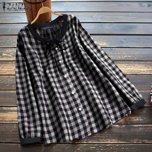 Summer Plaid Check Blouse ZANZEA Women Vintage Printed Long Sleeve Shirts Spring Tops Tunic Casual Blusas Buttons Loose Chemise