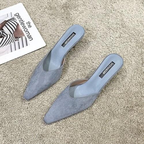 2021 Summer Fashion High Heels PU Solid Mules Shoes for Women Indoor Outdoor Office Slippers Sexy Ladies Slides Thin Heels Mules