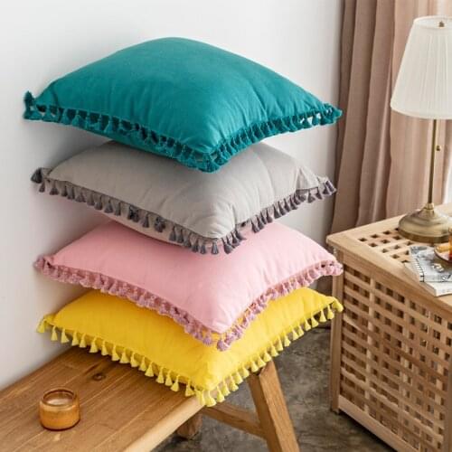 Throw Cushion Cover Solid Pillow Cover Cotton Pink Green Grey Yellow Tassels fringe 45x45cm Home decoration Zip Open