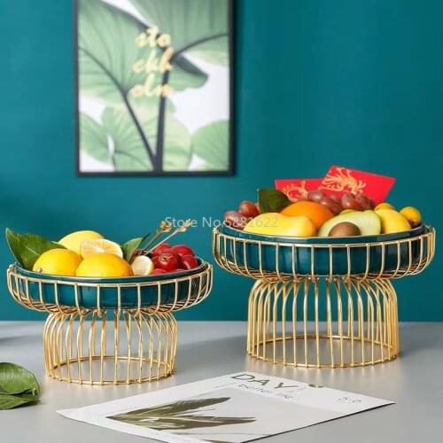 Luxury Iron Ceramic Fruit Tray with Stand Living Room Food Serving Home Decoration Candy Snack Plate Stand