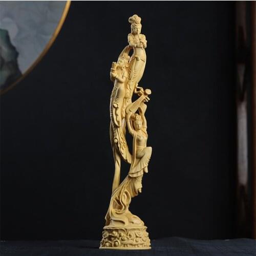 Boxwood 39cm Dunhuang Flying Fairy Sculpture Solid Wood Beauty Statue Living Room Home Decor