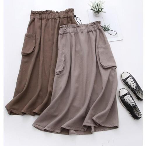 Women Summer Cotton And Linen Midi Length Skirt Women High Waist Long Skirt With Pocket Saia A-Line Faldas Jupe Femme