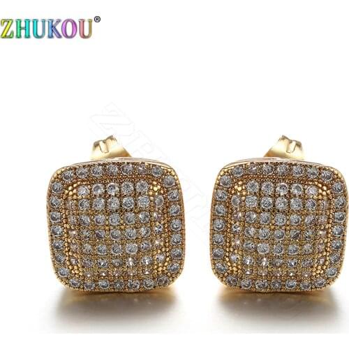 ZHUKOU A pair of 12x18mm Square Geometric Stud Earrings Sparkling Earings Fashion Jewelry for Women Brass Stud Earrings VE43