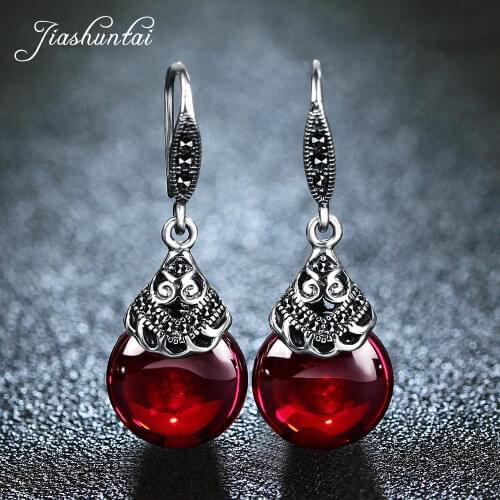 JIASHUNTAI Retro 100% 925 Sterling Silver Round Garnet Drop Earrings For Women Natural Red Gemstone Ruby Fine Jewelry Best Gifts