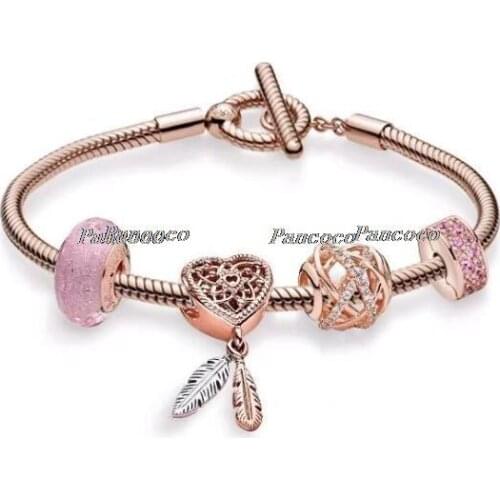 925 Sterling Silver Openwork Heart & Two Feathers Dreamcatcher Beaded Bracelet For Women Wedding Gift Fashion Jewelry