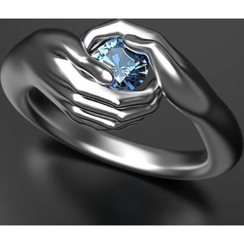 Fairy Wing Feather Wing Ring Ladies Hands Embracing Blue Gem Ring for Women Men Teen Girls Finger Open Adjustable Ring Jewelry
