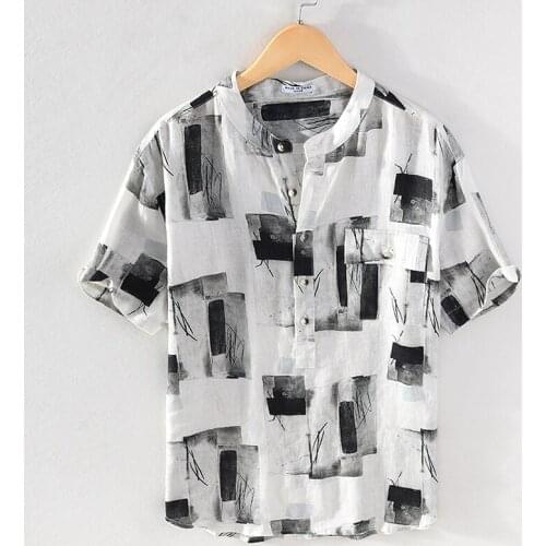 100% Linen new Italy style short-sleeved stand collar printed shirts men brand casual trendy shirt for men chemise camisa tops