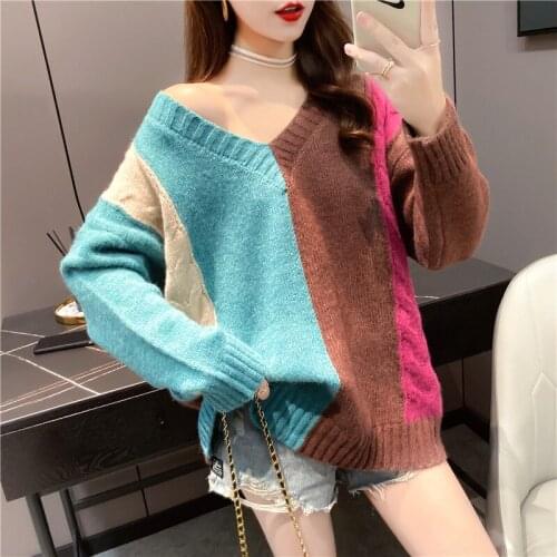 5604 autumn / winter loose Pullover long sleeve color matching T-shirt 50