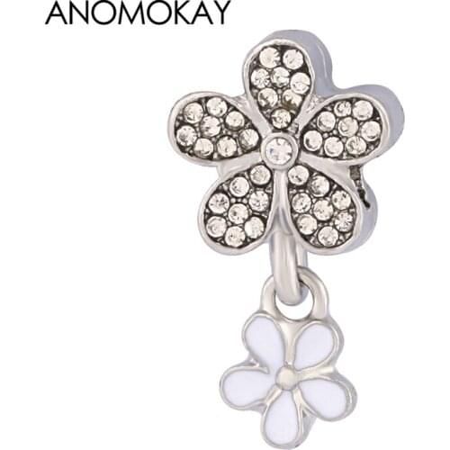 Anomokay Fine White Crystal Petal Flower Charms & Beads fit Bracelets & Bangles White Enamel Plant Pendant Charm for DIY Jewelry