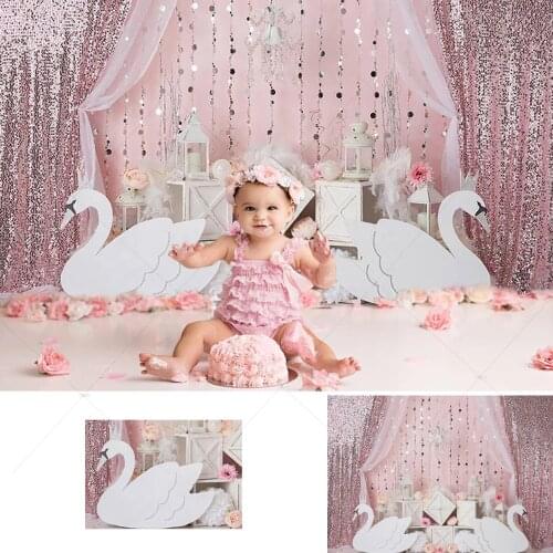 Swan Birthday Backdrop Kids Portrait Newborn Photography Background Pink Curtain Flowers Girl Birthday Party Decoration Banner