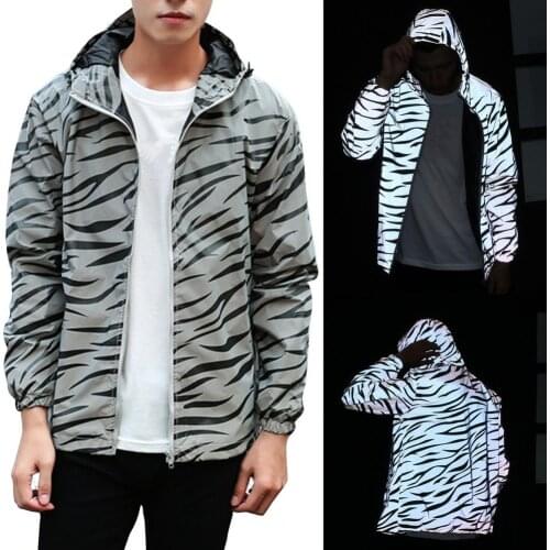 Men Hooded Jacket Outdoor Jacket Top Workwear Hooded Fluorescent Men Windbreaker Casual Reflective Hip Hop Jacket Coat Outwear