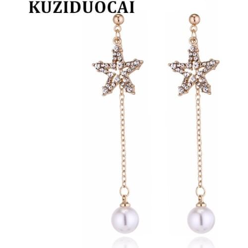 Kuziduocai 2018 New ! Fashion Fine Jewelry Copper Pearl Pentagram Star Full Rhinestone Tassel Stud Earrings For Woman Gift E-778
