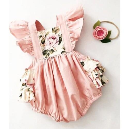 Summer Newborn Baby Girls Clothes Floral Print Round Neck Sleeveless Ruffles Bodysuit Headband 2pcs Kids Toddler Girls Outfits