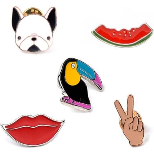 Cute Cartoon Brooch For Women Dog Lip Woodpecker Parrot Watermelon Metal Badge Backpack Enamel Jewelry Men Shirt Lapel Pins Gift