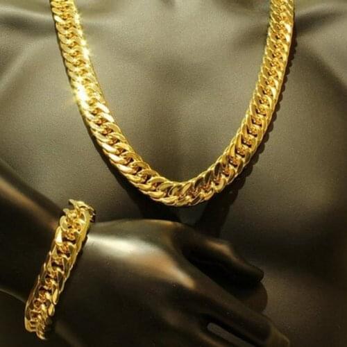 Mens Thick Tight Link Yellow Gold Filled Finish Miami Cuban Link Chain and Bracelet Set