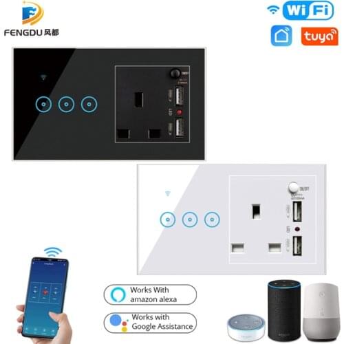 UK Plug Tuya Smart Switch Smart Life Wireless Light Switch 2 USB Charger Port Electrical Socket 16A Alexa Voice Control