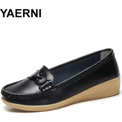 YAERNI women ballerina flat shoes cow leather without lace Moccains toe shoes ladies soft pilot moccasins flat shoes for women