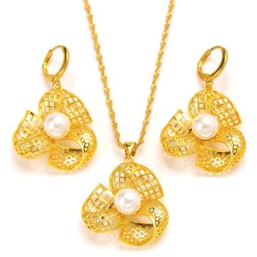 African Beads Jewelry Sets Pendant Necklaces Earrings Women Gold Color Round Ball Chains wedding party gifts PNG