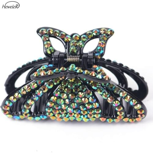 Fashion Lady Women Hollow Butterfly Hair Claw Plastic Rhinestone Crystal Stones Hair Clips Crab Clamp Hairpin Headwear Accessory