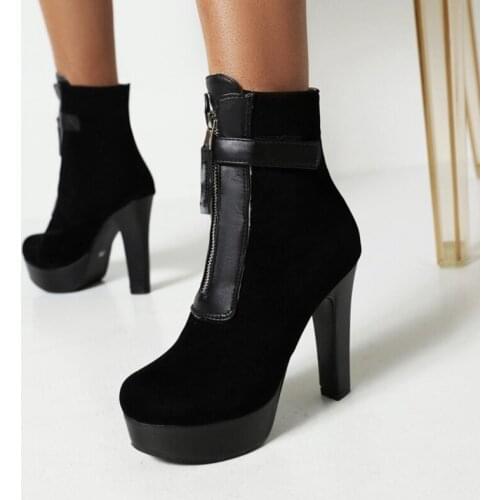 2021 Fashion Women Ankle Boots Platform Zip High Heels Short Winter Blacke Boots Round Toe Sexy Ladies Shoes Plus Size 50 33-28