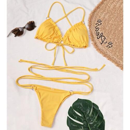 2021 Sexy Halter Solid Bikini Female Ruffle Swimsuit Women Swimwear Two-pieces Bikini set Strap Triangle Bathing Suit Swim Lady